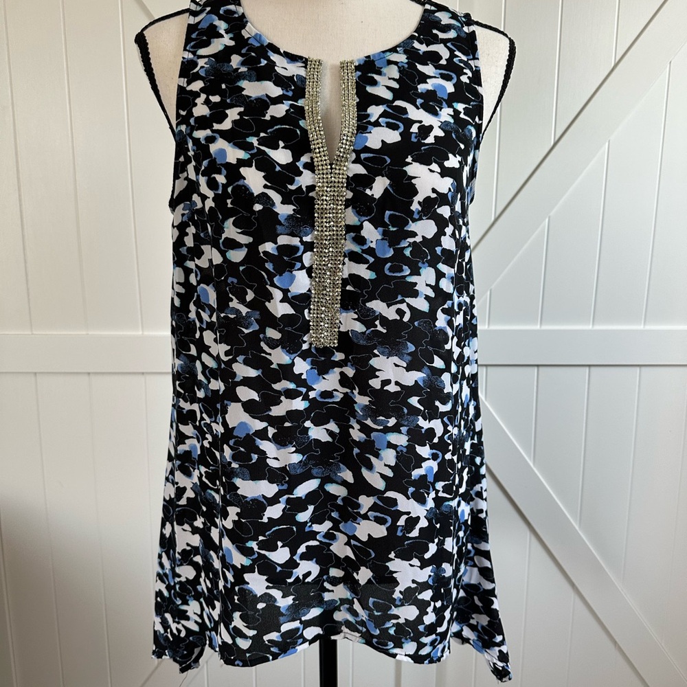 Juicy Couture Embellished Sleeveless Blouse Blue Black Floral Top Size Medium